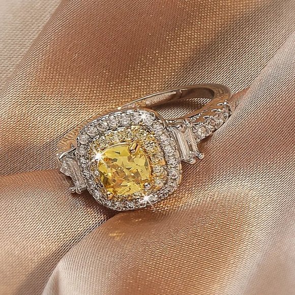 Yellow Cushion Cut Ring with Simulated Diamonds - Picture 3 of 3